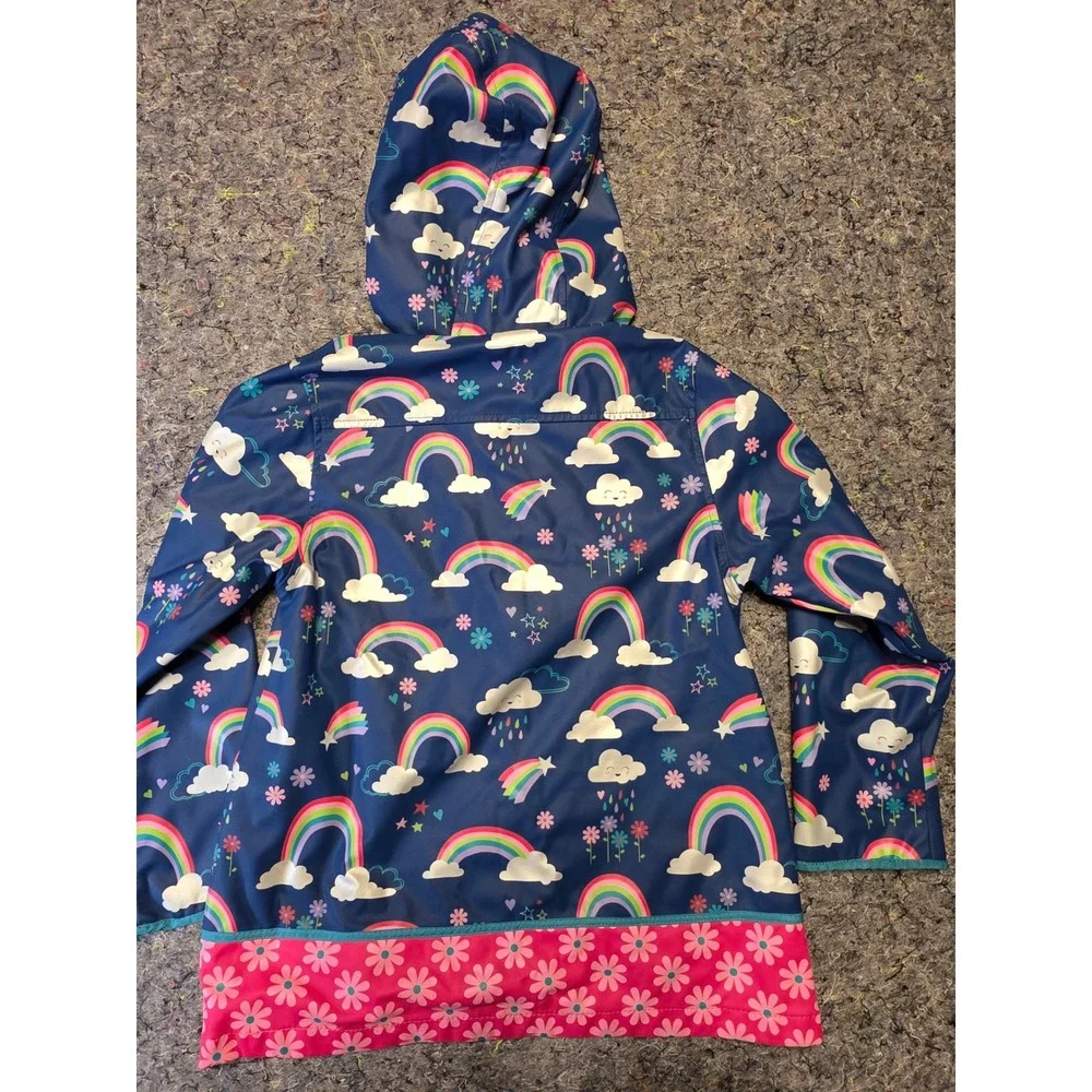 982 Stephen Joseph Girls Rainbow Clouds Raincoat Navy Blue Pink Hooded Jacket 6X